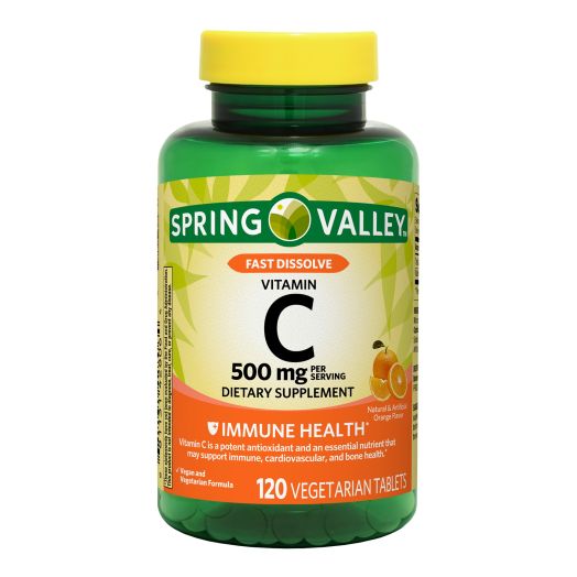Spring Valley Fast Dissolve Vitamin C Tablets Dietary Supplement, Orange Flavor, 500 mg, 120 count