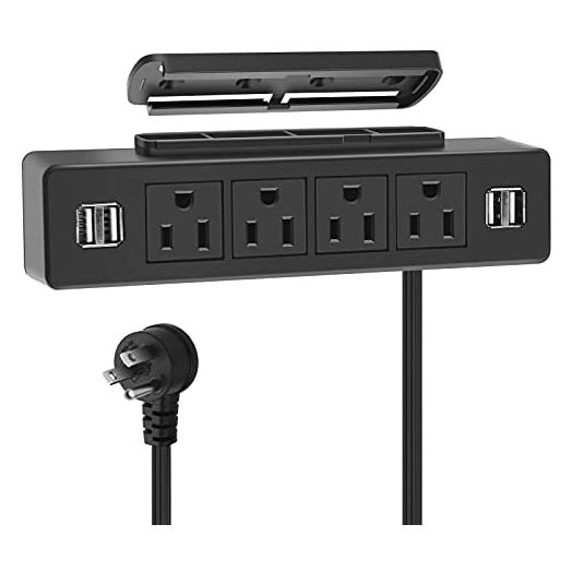 Under Desk Power Strip, Adhesive Wall Mount Power Strip with USB, Black Desktop Power Outlets, Removable Mount Multi-Outlets with 4 USB Ports, Power Socket Connect 4 Plugs for Home Office Reading