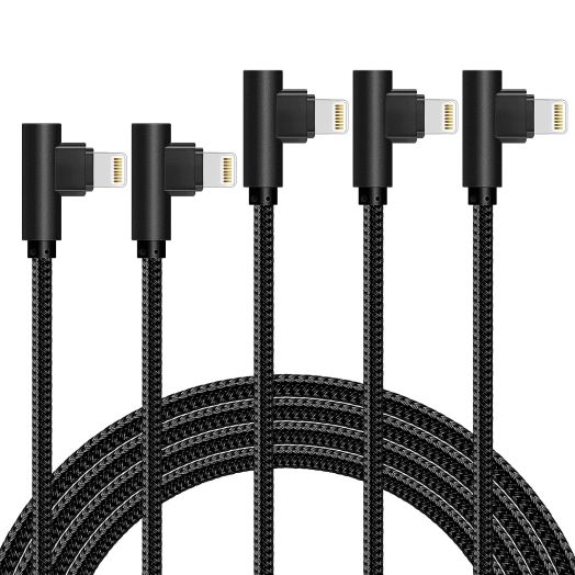 iPhone Cable 5 Pack(3/3/6/6/10FT) MFI Certified Cable Lightning Fast Charger Nylon Braided Data Cord 90 Degree Elbow for Game Video Compatible with iPhone 12 11 Pro Max XR XS Max iPod (Black)