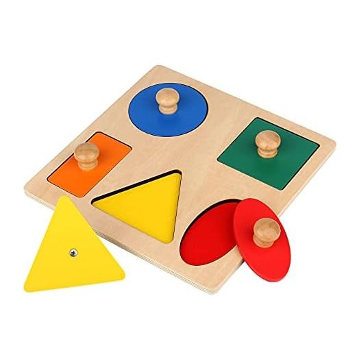 Montessori Wooden Puzzle Board Knob Wooden Puzzle Geometric Shape Puzzle Early Education Material Sensorial Toy for Toddler Shape & Color Sorter (5 Geometry Shape)