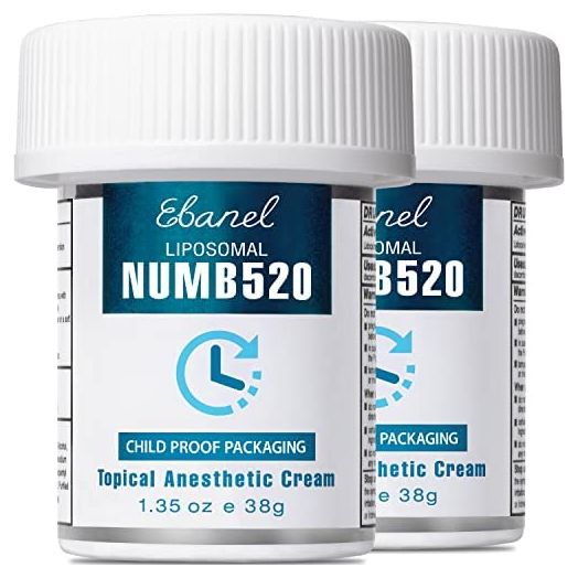Ebanel 5% Lidocaine Topical Numbing Cream Maximum Strength, 2-Pack of 1.35 Oz, Numb520 Pain Relief Cream Anesthetic Cream Infused with Aloe, Vitamin E, Lecithin, Allantoin, with Child Resistant Cap