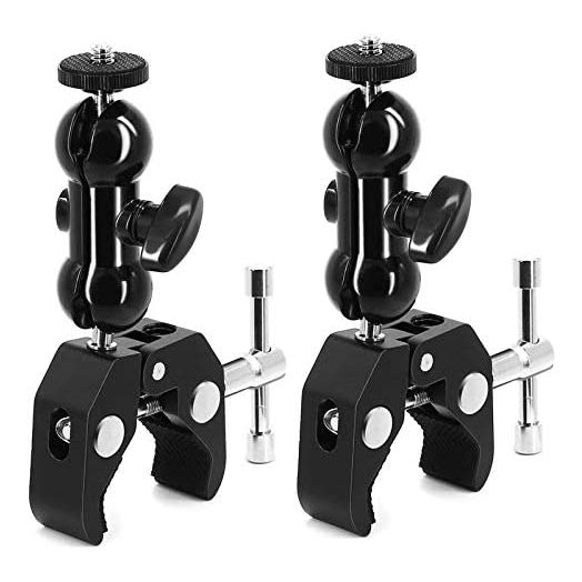 SLOW DOLPHIN Camera Clamp Mount Monitor Mount Bracket Super Clamp w/1/4 and 3/8 Thread with Cool Double Ballhead Arm Adapter Bottom Clamp for for DSLR Camera/Field Monitor/LED (2 PCS)