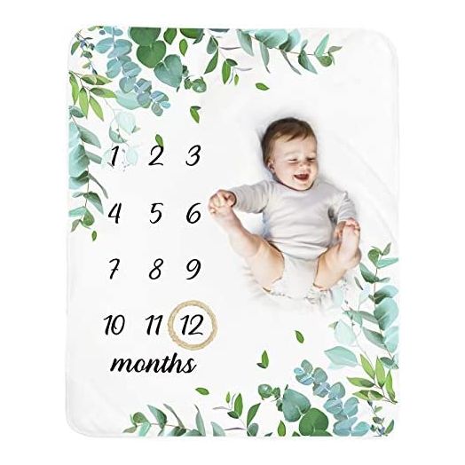 Baby Monthly Milestone Blanket Boy - Neutral Leaf Newborn Month Blanket for Boy & Girl Personalized Shower Gift Soft Plush Fleece Photography Background Prop with Wooden Wreath Large 51''x40''