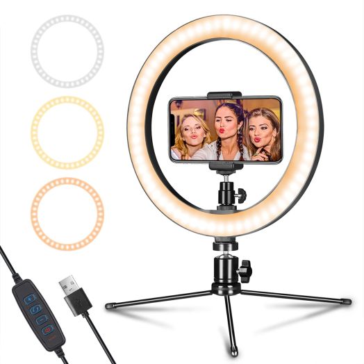 Dimmable Desk Makeup LED Ring Light 10" with Tripod Stand & Phone Holder for Live Streaming & YouTube Video, Photography, Shooting with 3 Light Modes & 10 Brightness Level