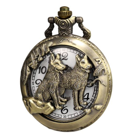Retro Quartz Pocket Watch 3D Wolf Wolves Hollow Bronze Case Men Antique Fob with Chain + Box