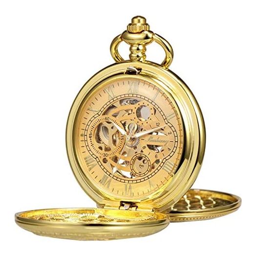 TREEWETO Pocket Watch Skeleton Hand-Wind Mechanical Double Case Roman Numerals Antique with Fob Chain Box