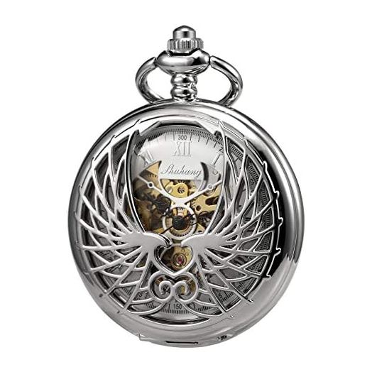 TREEWETO Men's Women's Pocket Watch Mechanical Skeleton Eagle Wings Double Hollow Case Roman Numeral with Chain Gift Box