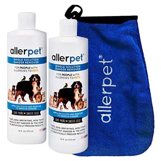 Allerpet Single Solution 16 fl oz Bottle Dander Remover for Pets (2 Pack) - Relieves Allergies - Bonus Mitt to Easily Apply Solution to Your Pet