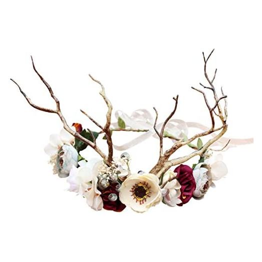 LLinfflr Deer Antler Hair Band Deer Headband with Flowers Antler Hair Hoop Flower Headband Party Cosplay Costume