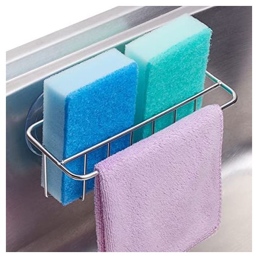 TESOT Sink Caddy Sponge Holder Dish Cloth Hanger 2 in 1 with Suction Cups or Adhesive, SUS304 Stainless Steel, No Drilling (Upgraded)