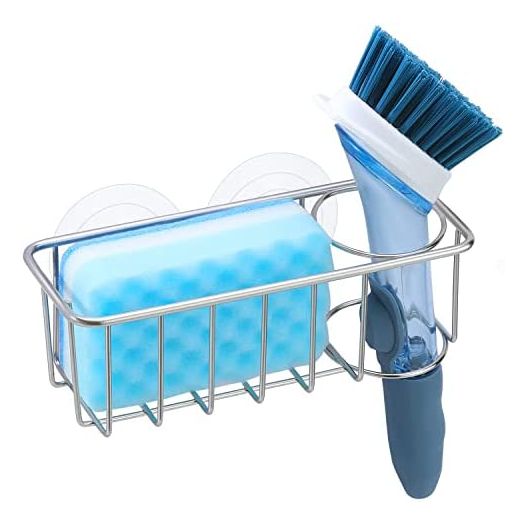 TESOT Sink Caddy Sponge Holder Brush Holder 2 in 1 with Suction Cups or Using Adhesive Hooks, SUS304 Stainless Steel (Upgraded)