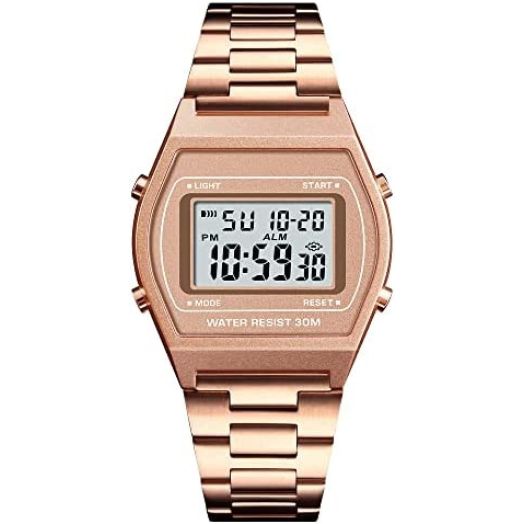 Rose Gold Watch for Women, Toocat Fashion Simple Ladies LED Digital Watch Stainless Steel Band Square Electronic Wrist Watch for Girls