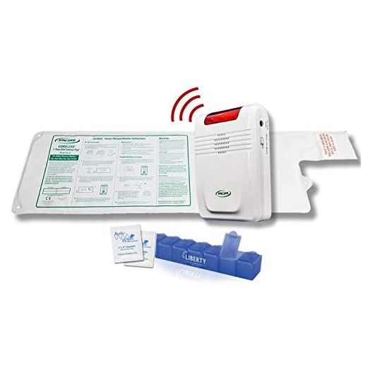 Smart Caregiver Wireless Bed Alarm System - Cordless Weight Sensing Bed Alarm Pad (10” x 30”) with Remote Alert Monitor, Free Individual Cleaning Wipes and Liberty 7 Day Pill Box | Smart Caregiver Corporation