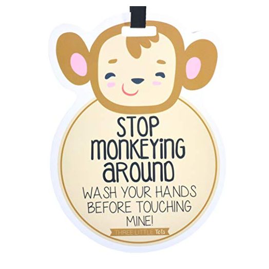 THREE LITTLE TOTS – Animal Theme No Touching Baby Car Seat Sign or Stroller Tag - CPSIA Safety Tested (Monkey)