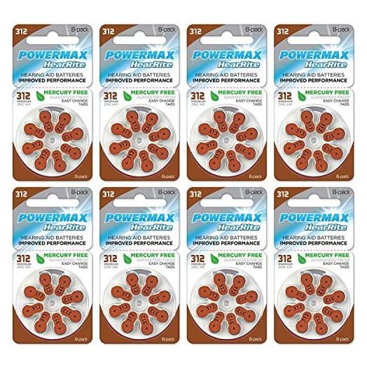 Powermax Size 312 Hearing Aid Batteries, Brown Tab, Made In the USA, 64-Count
