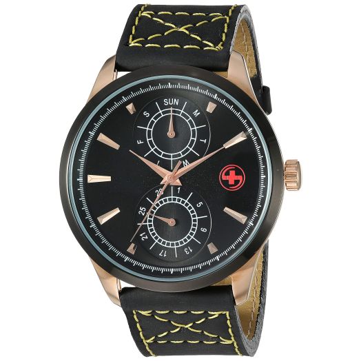 Red Men's Watch with Genuine Calfskin Leather Strap with Yellow Stitch