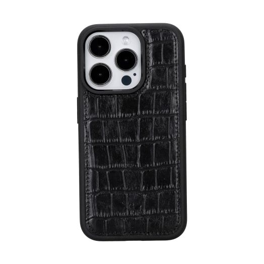 Venito for iPhone 15 Pro Case Compatible with Magsafe, Genuine Leather Soft Snap-on Back Cover, Protective, Slim Phone Case 6.1 inches, Lucca - Black Crocodile