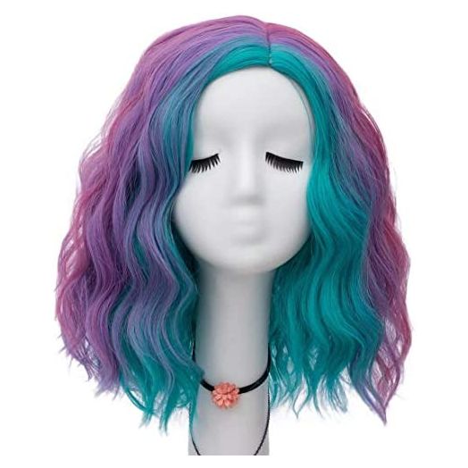 NiceLisa Women Girls 16 Inches Blue Purple Rainbow Colorful Curly Wave Fashion Party Cosplay Wig