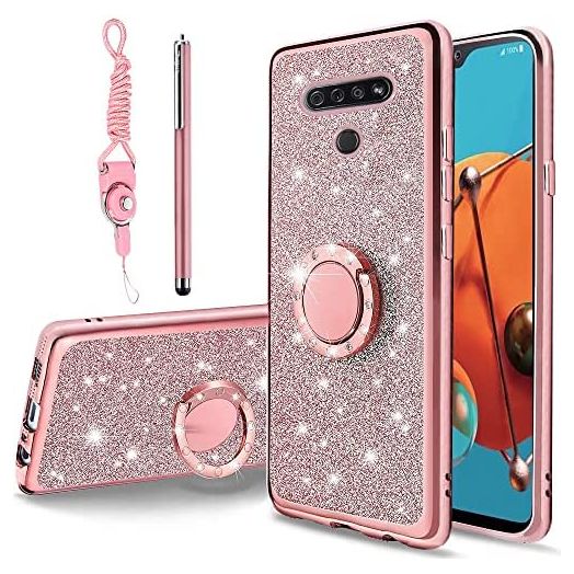 LG K51 Case with Lanyard Neck Strap, LG Q51 Case Glitter Crystal Butterfly Heart Floral Cute for Girls Slim Soft TPU Protective Cover Clear Case with Ring Stand Holder for LG K51/LG Q51 (Pink)