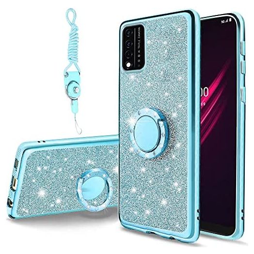 B-wishy for REVVL V Plus 5G Phone Case with Stylus Pen, Luxury Glitter Sparkles Cute Silicone TPU Case for Women Girls with Kickstand, Bling Rhinestone Slim Case for REVVL V Plus 5G -Pink (Blue)