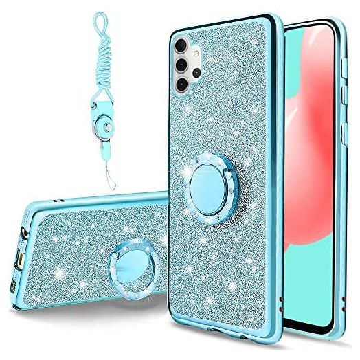 for Samsung Galaxy A32 5G Phone Case, Glitter Crystal Butterfly Heart Floral Slim TPU Luxury Bling Diamond Rhinestone Cute for Girls Women Case with Ring Stand+Strap for Galaxy A32 5G (Blue)