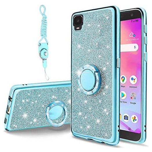 B-wishy for Alcatel TCL A3 A509DL Case for Women, Glitter Crystal Butterfly Heart Floral Slim TPU Luxury Bling Cute Cover with Kickstand+Strap for Alcatel TCL A3 A509DL-Glitter Blue