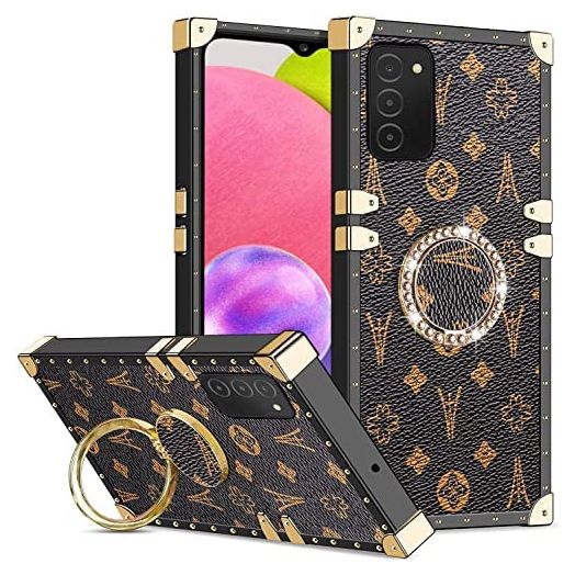 YingQiao for Samsung Galaxy A03S Square Case Non Slip Shockproof Slim TPU Full Protection Retro Elegant Luxury Leather Case with Kickstand for A03S (Brown)