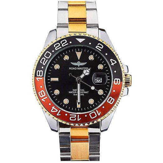 ROAD WARRIOR Men's Watches GMT Stainless Steel Black Face Red and Brown Bezel, Japan Submariner Quartz Movement, Men's Wrist Watches