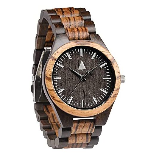 Treehut Wooden Watch for Men with Adjustable Band and Stainless Steel Clasp with Watch Gift Box, Lightweight Analog Quartz Watch Made from Sustainably Sourced Ebony and Zebrawood, Great Gifts for Men