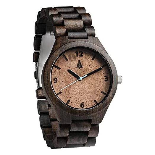 Treehut Wooden Watch for Men with Adjustable Band and Stainless Steel Clasp with Watch Gift Box, Lightweight Analog Quartz Watch Made from Sustainably Sourced Ebony Wood, Great Gifts for Men