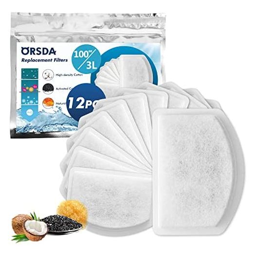ORSDA Cat Water Fountain Filters, 12 Packs Replacement Filters for 100oz/3L Automatic Pet Fountain Cat Water Fountain Dog Water Dispenser, 3 Triple Filtration System