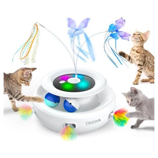 ORSDA Cat Toy, 3-in-1 Automatic Cat Toys for Indoor Cats, Electronic Whack a Mole, Fluttering Butterfly,Track Balls Kitten Toy, Rechargeable Power Interactive Feather Toys for All Breeds