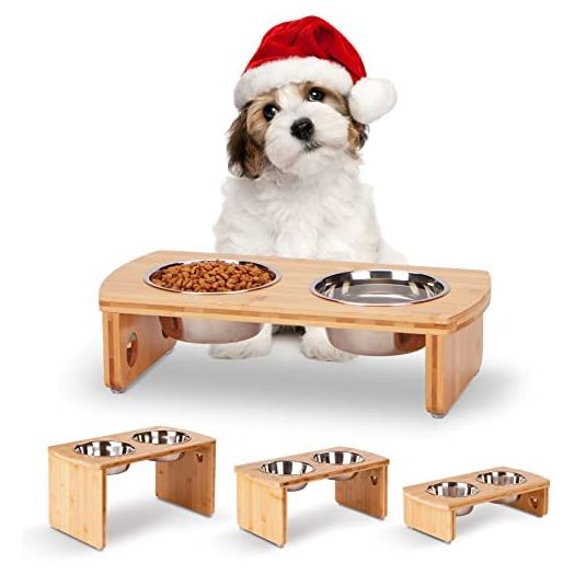 Elevated Dog Bowls, Bamboo Raised Dog Bowl for Dogs with 2 Stainless Steel Bowls