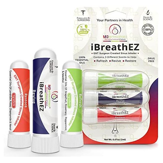 iBreathEZ Nasal Sinus Inhaler Kit Formulated by ENT Surgeons with Essential Oils for Energy, Stress, Decongesting & Cold or Allergy Relief (3 Pack)