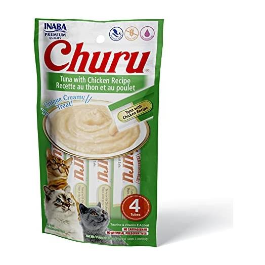 INABA Churu Lickable Purée Natural Cat Treats (Tuna with Chicken Recipe, 4 Tubes)