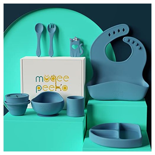 Baby Boy Self Led Weaning Set in Blue – Silicone Bowl, Cup, Bib, Fork, Spoon - 8 Pcs – Toddler Feeding Set by MuqeePeeko