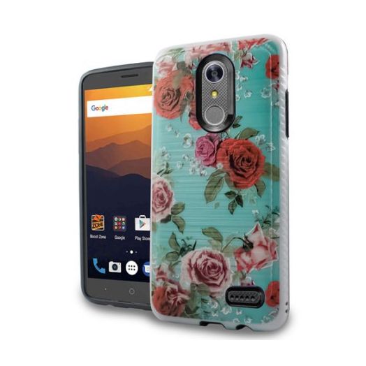 Mundaze ZTE Zmax PRO Red Roses Teal Brushed Armor Anti-Shock Phone Case