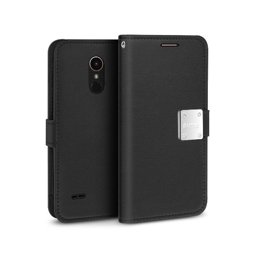 MUNDAZE Black Storage Faux Leather Wallet Case For LG Aristo 2 / Tribute Dynasty Phone