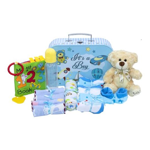 Welcome to The World Baby Boy Suitcase, Baby Layette Set and New Baby Essentials in A Durable Keepsake Suitcase Box, Blue, Medium Baby Boy Gift Set - Nikki’s Gift Baskets
