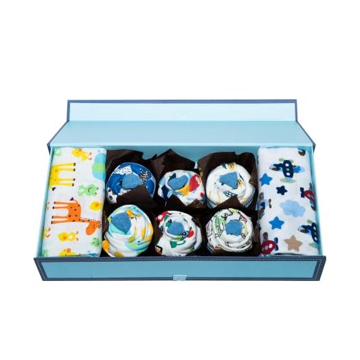 Unique Cupcake Baby Boy Gift Set, Baby Layette Set with Adorable New Baby Clothing Gift for Expecting Moms and New Parents, Blue - Nikki’s Gift Baskets