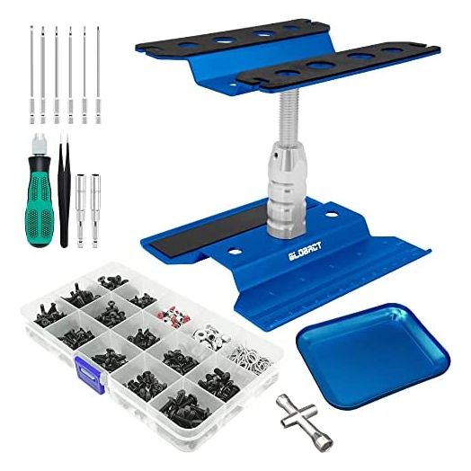 GLOBACT RC Car Repair Work Stand Repair Tool Set 360 Degree Rotation and 521 PCS RC Screws Kit and RC Screwdrivers and Screws Pallet Kit for 1/8 1/10 1/12 1/16 1/18 RC Car Truck Crawler (Blue)