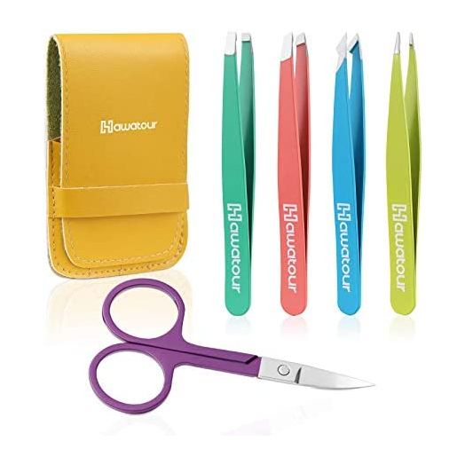 Tweezers Set, 4Pcs Eyebrows Tweezers and a Pair of Scissor with Leather Case, Great Precision