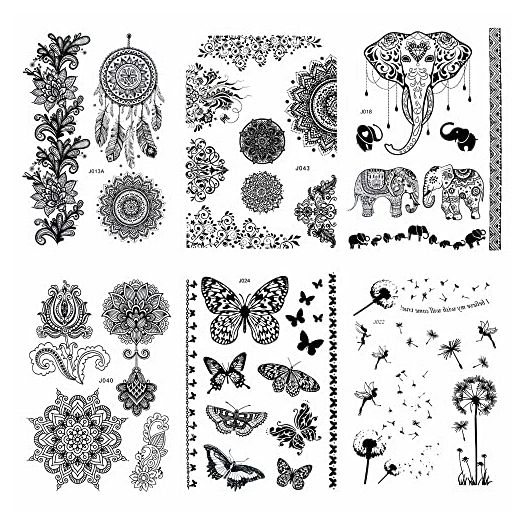 Pinkiou Henna Tattoo Stickers Lace Mehndi Temporary Tattoos, Black (Pack of 6)