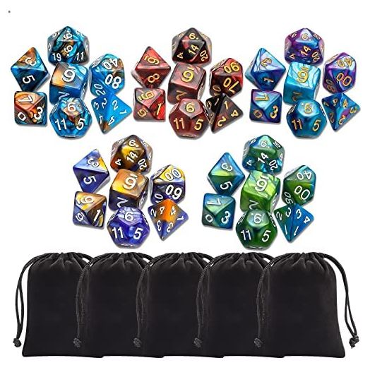 CiaraQ Polyhedral Dice Set (35 Pieces) with Black Pouches, 5 Complete Double-Colors Dice Sets of D4 D6 D8 D10 D% D12 D20 for Dungeons