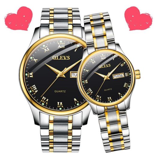 OLEVS His and Her Couple Watches Business Men Women Couple Set Pair Black Watch Matching Romantic Quartz Stainless Steel Waterproof Date