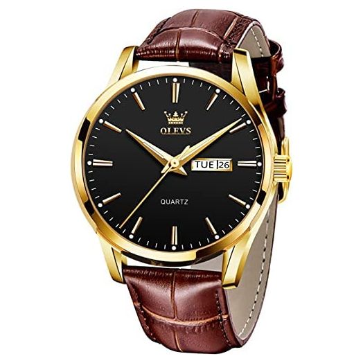OLEVS Watches for Men Brown Leather Gold Case Analog Quartz Fashion Business Dress Watch Day Date Luminous Waterproof Casual Male Wrist Watches