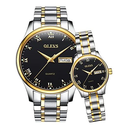 OLEVS Valentines Couple Pair Quartz Watches Luminous Calendar Date Window 3ATM Waterproof, Casual Stainless Steel His and Hers Wristwatch for Men Women Lovers Wedding Romantic Gifts Set of 2