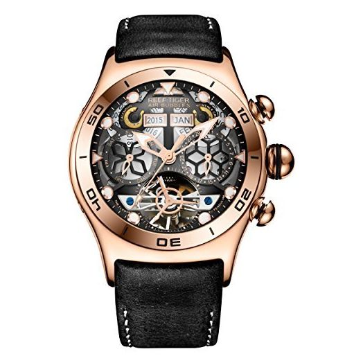 REEF TIGER Sport Mens Tourbillon Watch Multi-Functional Rose Gold Skeleton Quartz Watches RGA703 (RGA703-YGB)
