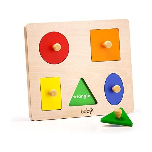 Boby Montessori Wooden Puzzle Board Knob Wooden Puzzle Geometric Shape Puzzle Early Education Material Sensorial Toy for Toddler Shape & Color Sorter (5 Geometry Shape)