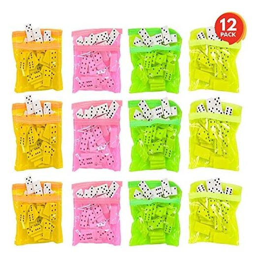 ArtCreativity Domino Game Set, 28 Pieces Per Neon Pink, Yellow, Green and Orange Bags (Pack of 12)